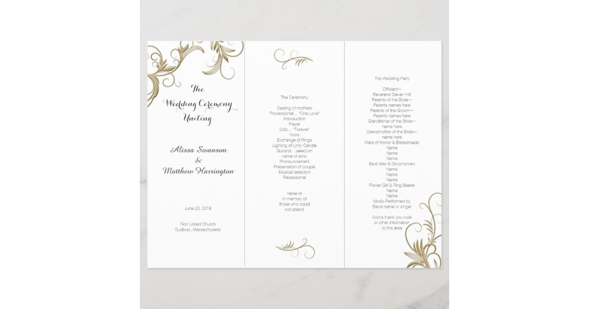 Gold Flourish White Tri Fold Wedding Program Zazzle Com