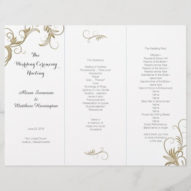 Gold Flourish White Tri-Fold Wedding Program (Front)