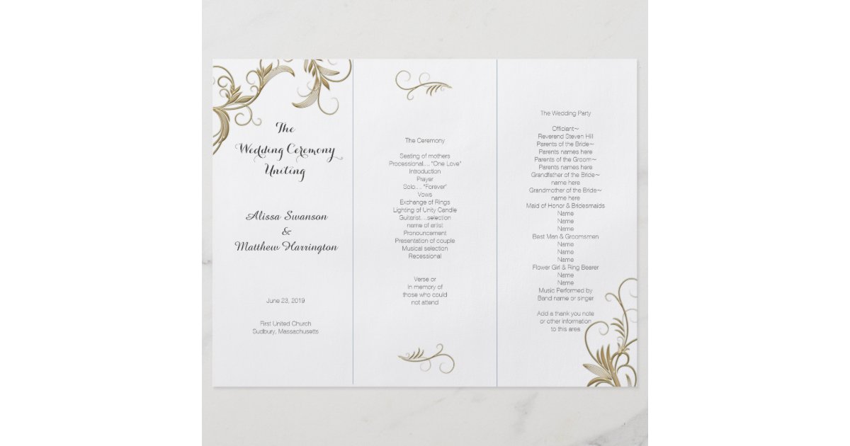 Gold Flourish White Tri Fold Wedding Program Gold Flourish White Tri Fold Wedding Program