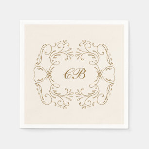 Gold Flourish Wreath Monogram Ivory Wedding Party Napkins