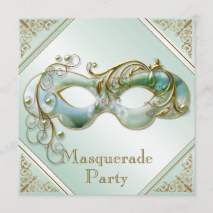 Gold Flourishes Mask Masquerade Party Mint Green Invitation