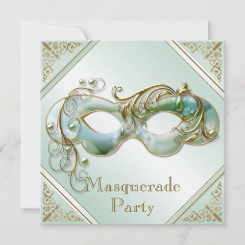 Gold Flourishes Mask Masquerade Party Mint Green Invitation
