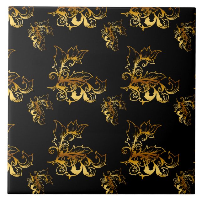 Gold Flourishes on Black Ceramic Tile (Front)