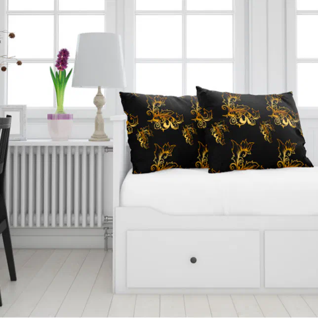 Gold Flourishes on Black Lumbar Pillow Zazzle