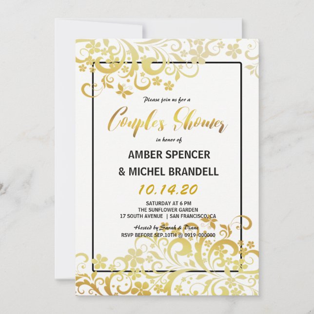 Gold Flourishing Floral Couple's Shower Invitation (Front)