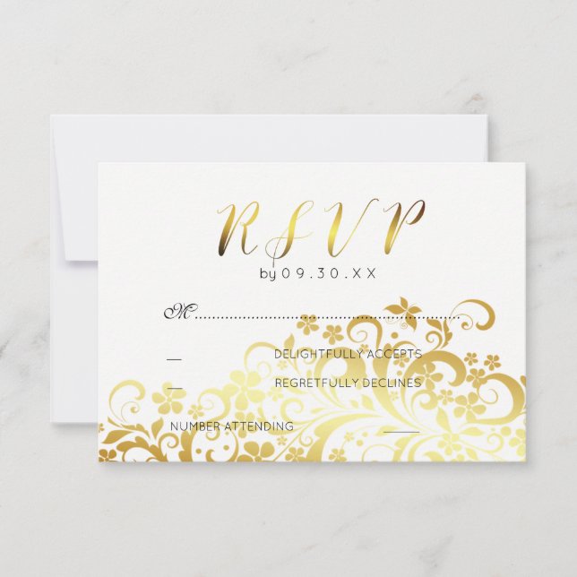 Gold Flourishing Floral Modern Wedding RSVP (Front)