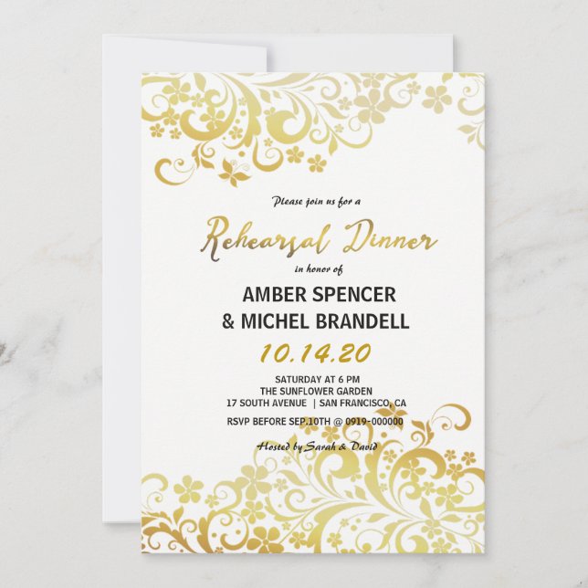 Gold Flourishing Floral Rehearsal Dinner Invite (Front)