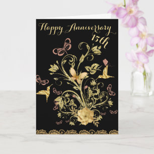 Gold Flower 15th Happy Wedding Anniversary Couple Card