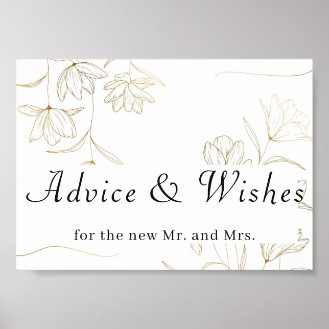 Gold Flower Advice and Wishes Wedding Poster Sign (Front)