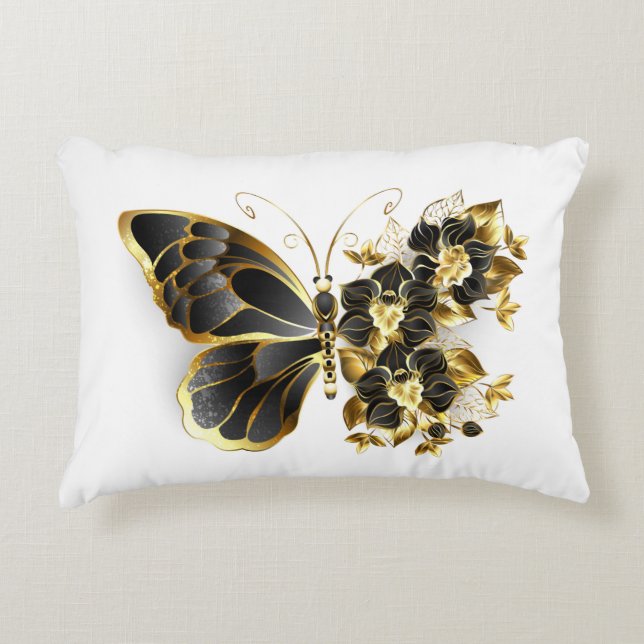 Gold Flower Butterfly with Black Orchid Accent Pillow (Front)
