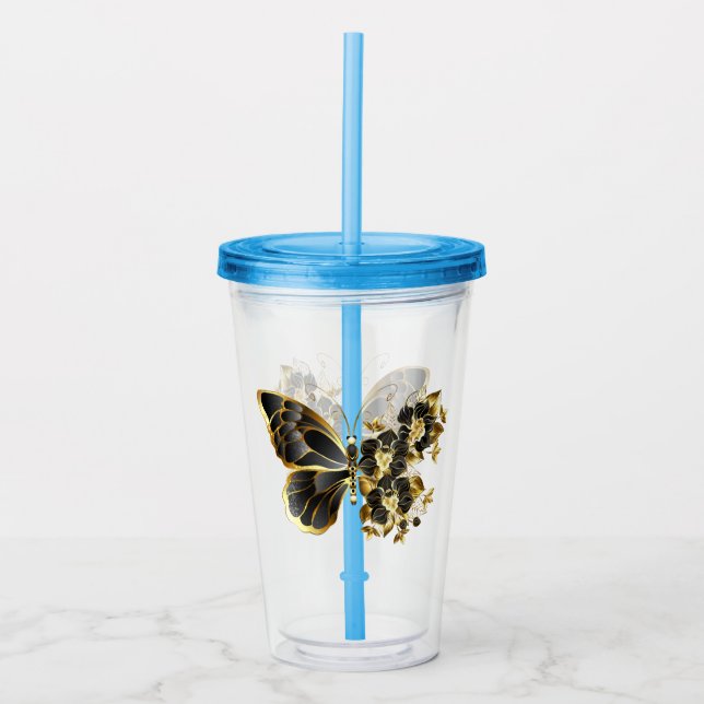 Gold Flower Butterfly with Black Orchid Acrylic Tumbler (Front)