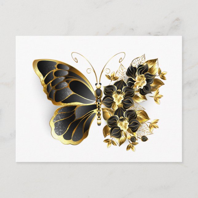 Gold Flower Butterfly with Black Orchid Announcement Postcard (Front)