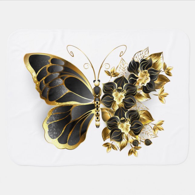 Gold Flower Butterfly with Black Orchid Baby Blanket (Horizontal)