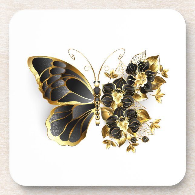Gold Flower Butterfly with Black Orchid Beverage Coaster (Front)
