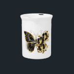 Gold Flower Butterfly with Black Orchid Beverage Pitcher<br><div class="desc">Gold flower butterfly with black jewelry orchid,  decorated with gold leaves on white background.</div>