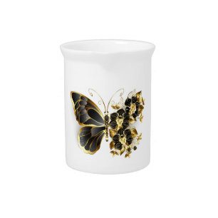 Gold Flower Butterfly with Black Orchid Beverage Pitcher