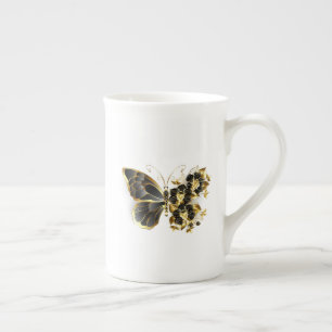 Gold Flower Butterfly with Black Orchid Bone China Mug