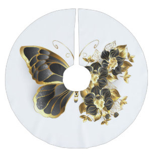 Gold Flower Butterfly with Black Orchid Brushed Polyester Tree Skirt