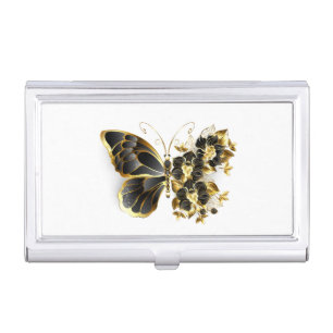 Gold Flower Butterfly with Black Orchid Business Card Case