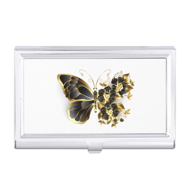 Gold Flower Butterfly with Black Orchid Business Card Case (Front)