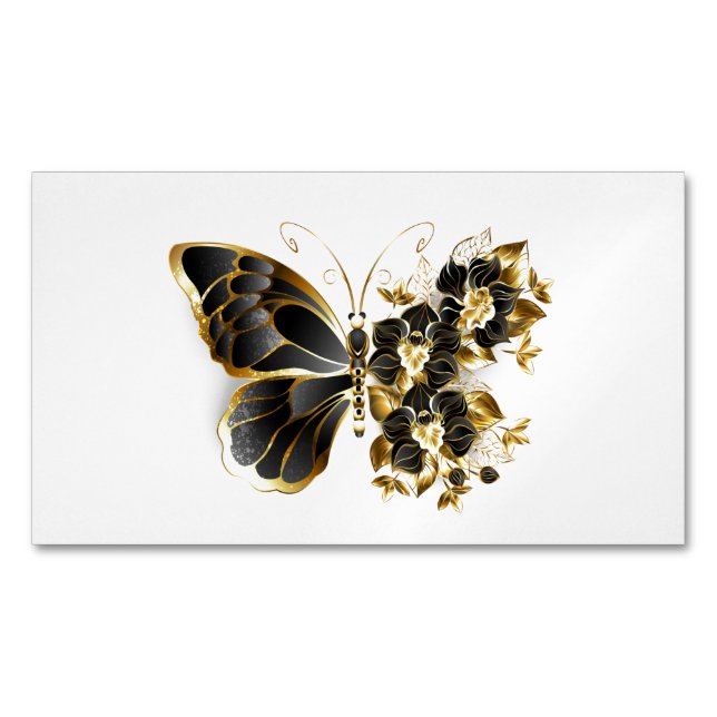Gold Flower Butterfly with Black Orchid Business Card Magnet (Front)