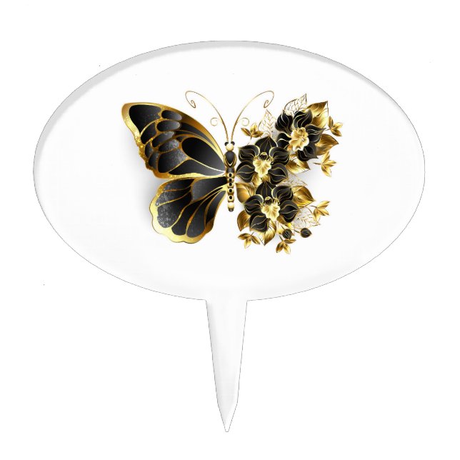 Gold Flower Butterfly with Black Orchid Cake Topper (Front)