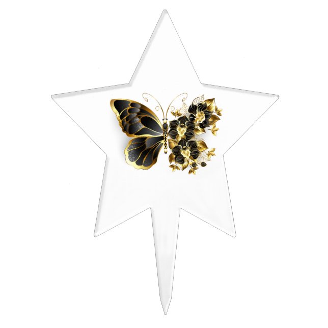 Gold Flower Butterfly with Black Orchid Cake Topper (Front)