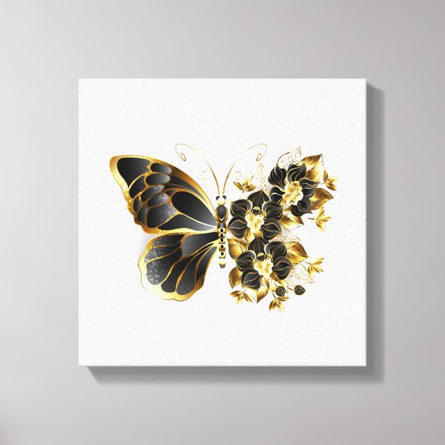 Gold Flower Butterfly with Black Orchid Canvas Print (Front)