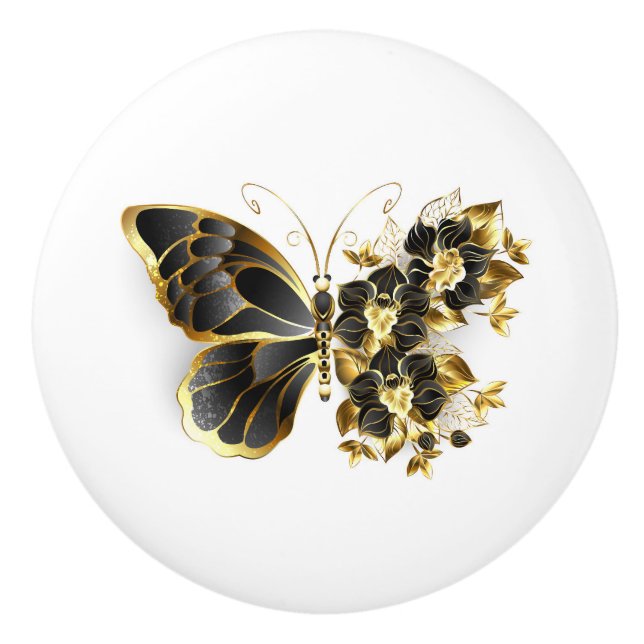 Gold Flower Butterfly with Black Orchid Ceramic Knob (Front)