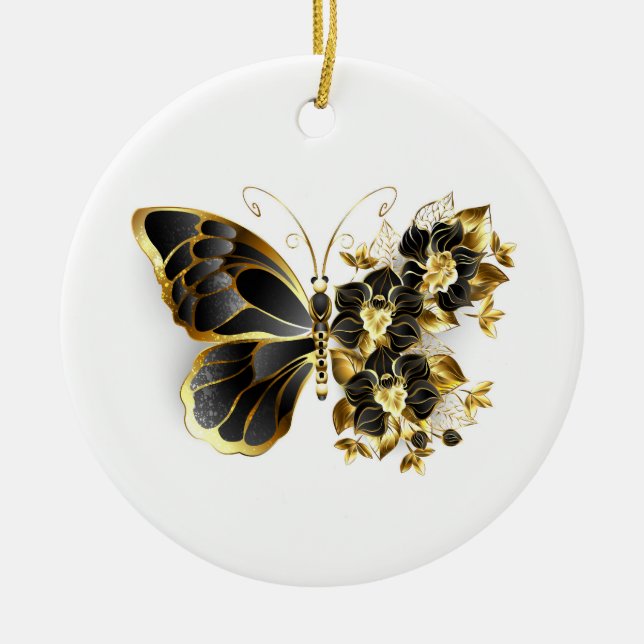 Gold Flower Butterfly with Black Orchid Ceramic Ornament (Front)