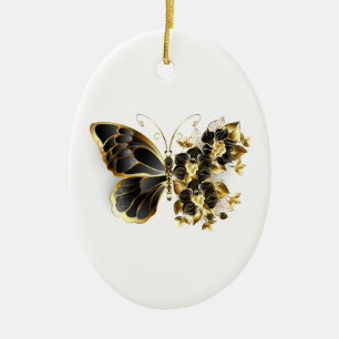 Gold Flower Butterfly with Black Orchid Ceramic Ornament