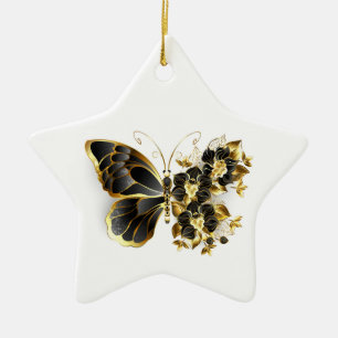 Gold Flower Butterfly with Black Orchid Ceramic Ornament