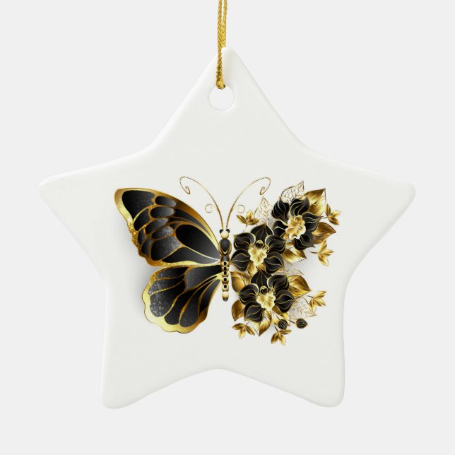 Gold Flower Butterfly with Black Orchid Ceramic Ornament (Front)