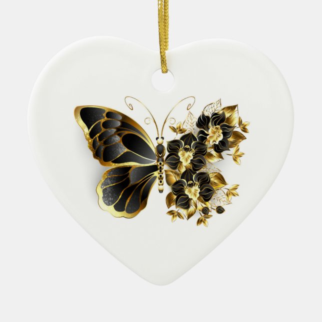 Gold Flower Butterfly with Black Orchid Ceramic Ornament (Front)