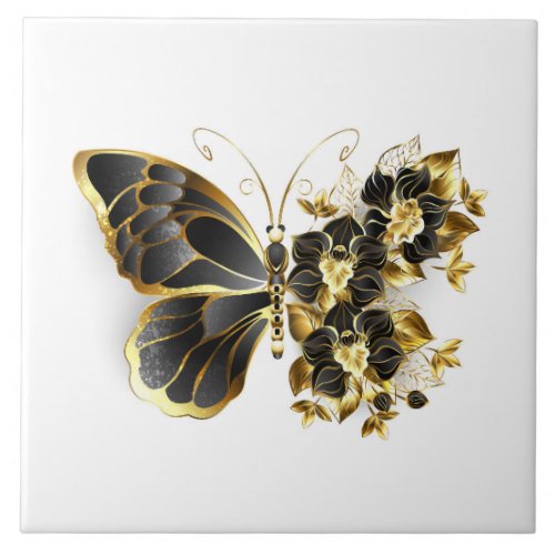 Gold Flower Butterfly with Black Orchid Ceramic Tile