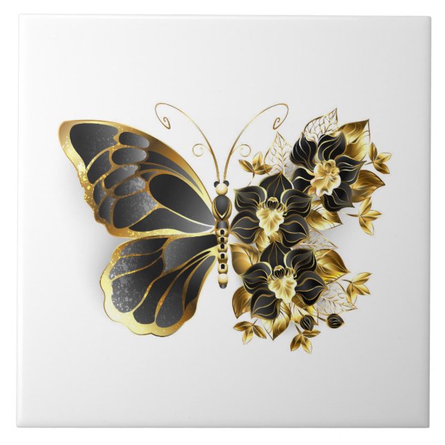 Gold Flower Butterfly with Black Orchid Ceramic Tile (Front)