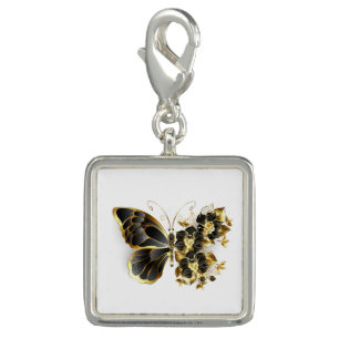 Gold Flower Butterfly with Black Orchid Charm