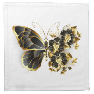 Gold Flower Butterfly with Black Orchid Cloth Napkin