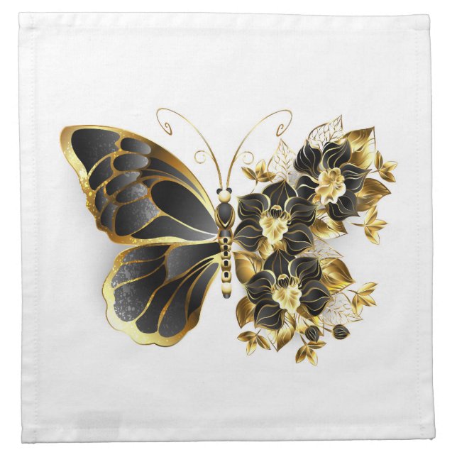 Gold Flower Butterfly with Black Orchid Cloth Napkin (Front)