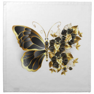 Gold Flower Butterfly with Black Orchid Cloth Napkin