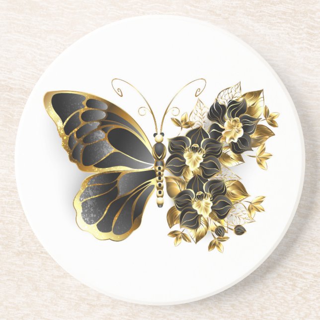 Gold Flower Butterfly with Black Orchid Coaster (Front)