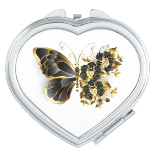 Gold Flower Butterfly with Black Orchid Compact Mirror