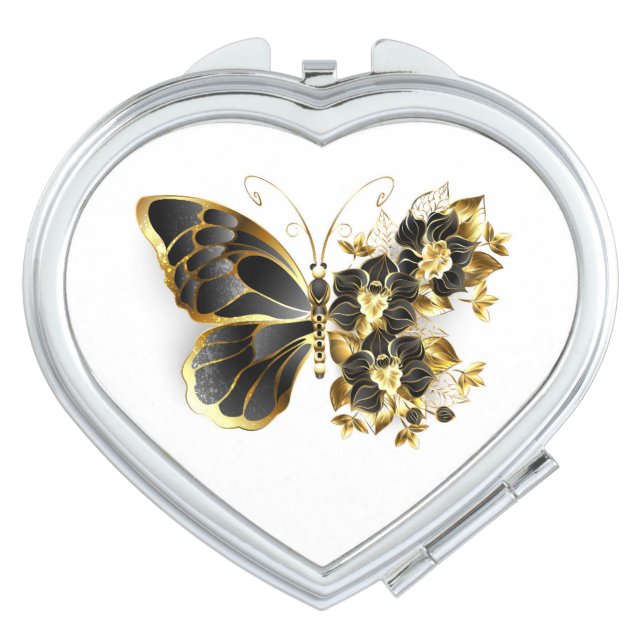 Gold Flower Butterfly with Black Orchid Compact Mirror (Front)