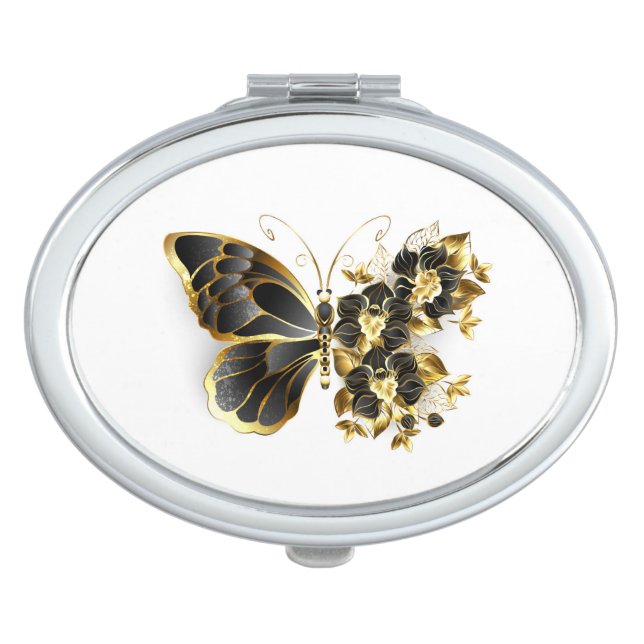 Gold Flower Butterfly with Black Orchid Compact Mirror (Front)