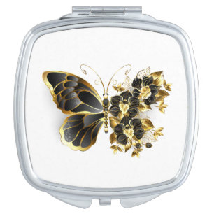 Gold Flower Butterfly with Black Orchid Compact Mirror