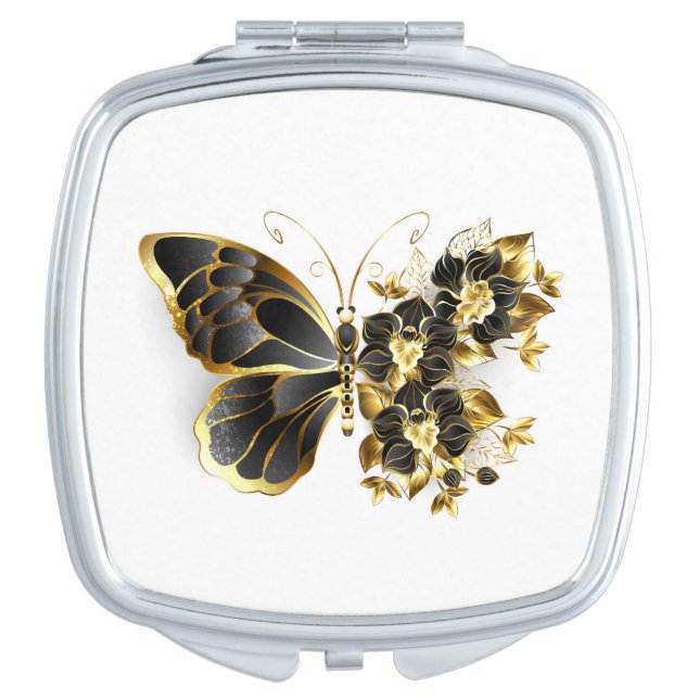 Gold Flower Butterfly with Black Orchid Compact Mirror (Front)