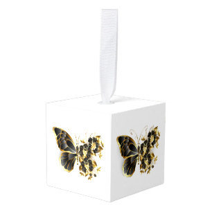 Gold Flower Butterfly with Black Orchid Cube Ornament