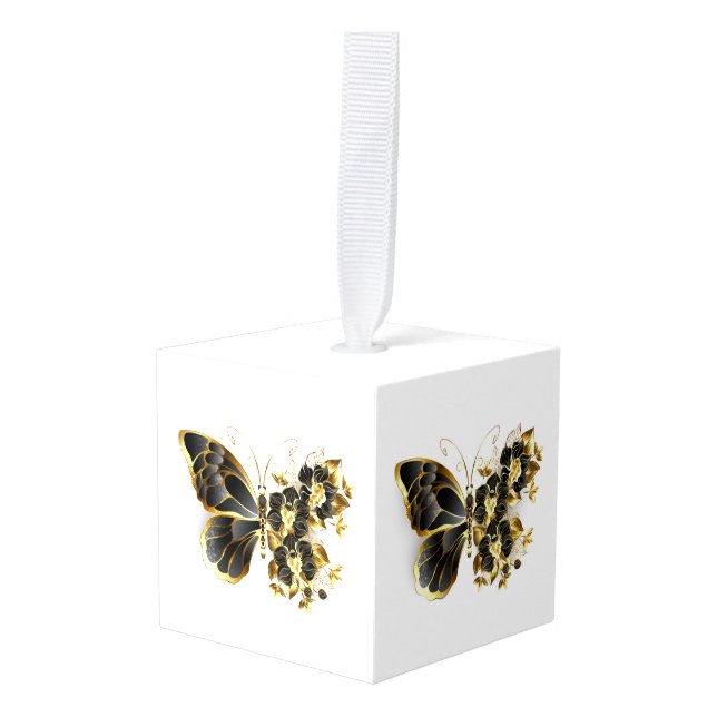 Gold Flower Butterfly with Black Orchid Cube Ornament (Front Angled)