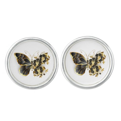 Gold Flower Butterfly with Black Orchid Cufflinks