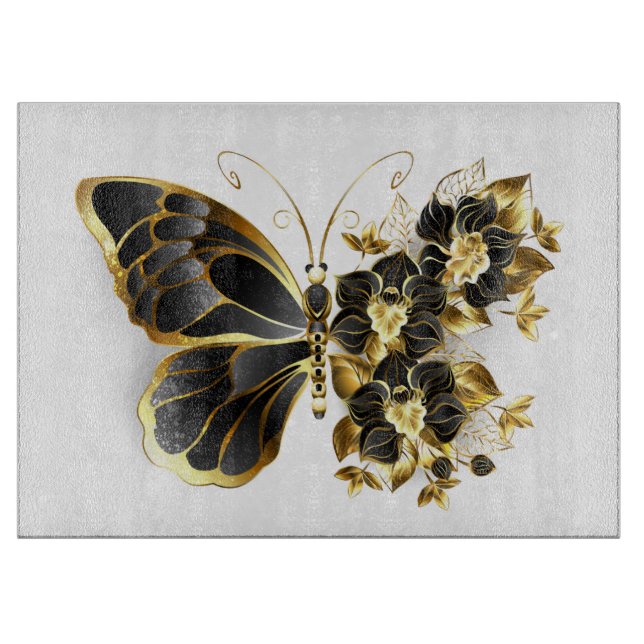 Gold Flower Butterfly with Black Orchid Cutting Board (Front)